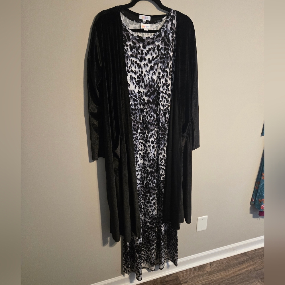 LuLaRoe Gray and Black Leopard Print Maria Dress with Velvet Sarah Cardigan